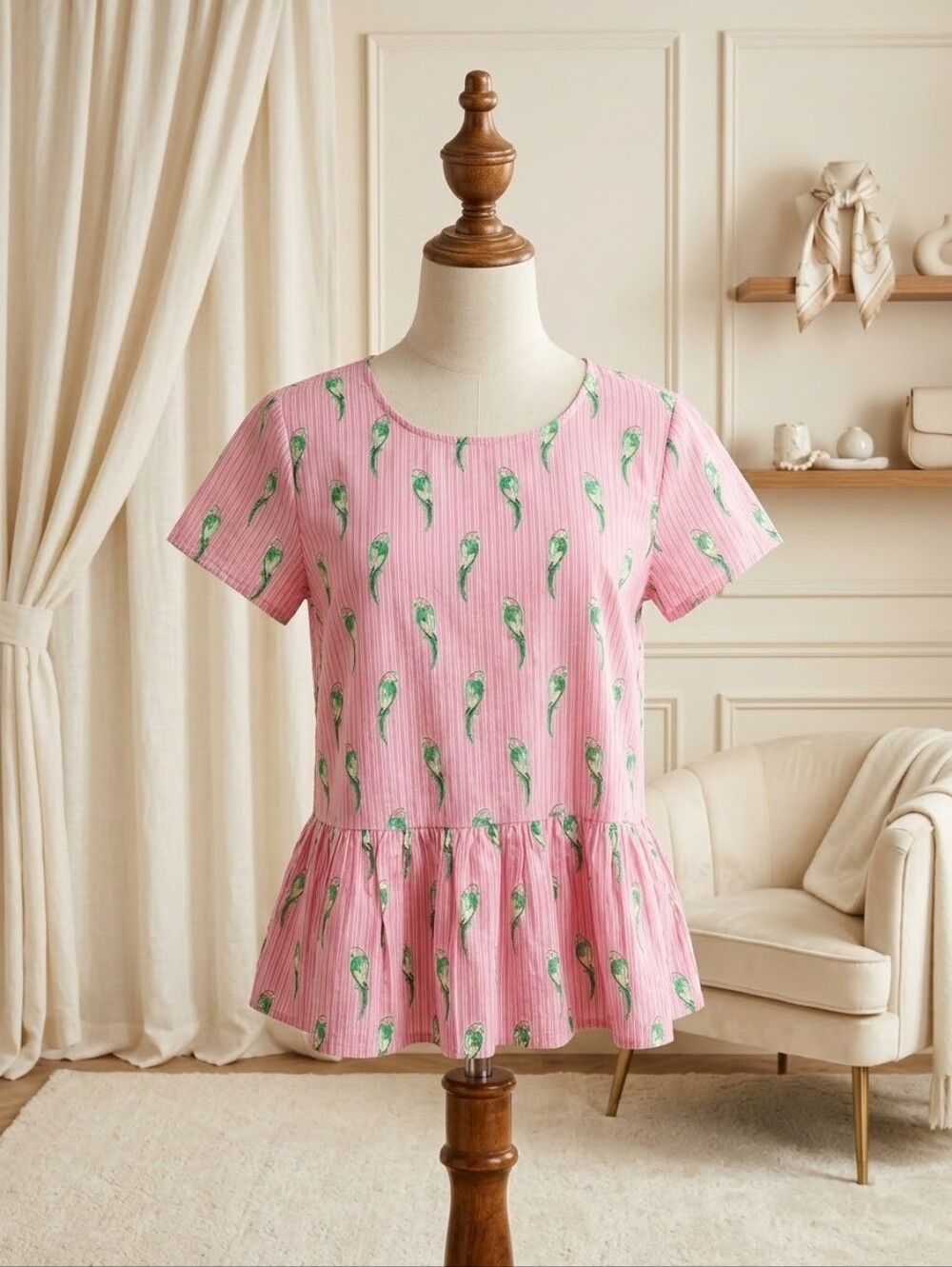 Crown & Ivy Pink & White Striped Parrot Shirt – XL